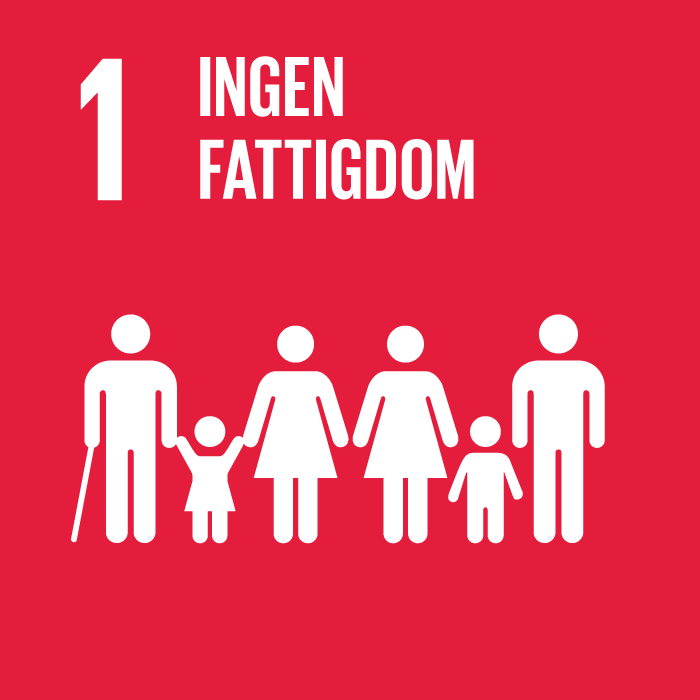1. Ingen fattigdom. Röd kvadrat, text och symbol i vitt. Sex människor står på rad. Fyra är vuxna, två är barn. Tre har byxor och tre har klänning. En vuxen håller i en vit käpp.