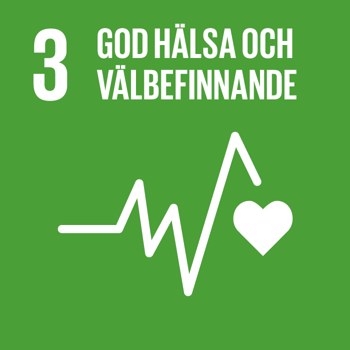 3. God hälsa och välbefinnande. Grön kvadrat, text och symbol i vitt. "¨En EKG-kurva som avslutas med ett hjärta.