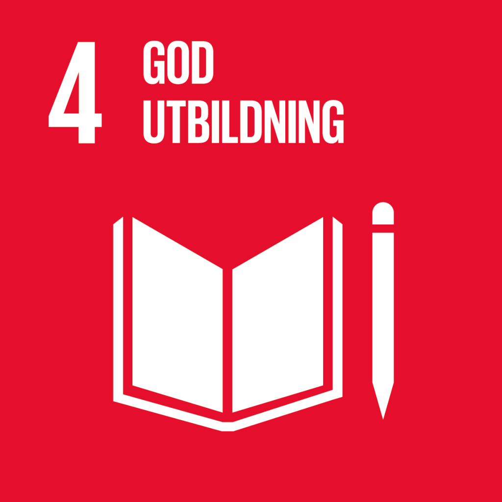 4. God utbildning för alla. "¨Mörkröd kvadrat, text och symbol i vitt. "¨En uppslagen bok med en penna bredvid.
