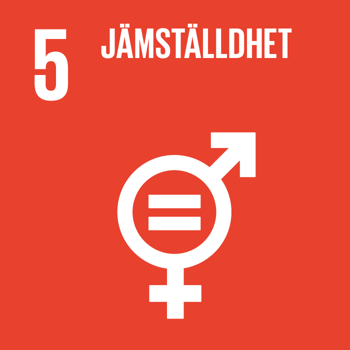 5. Jämställdhet. "¨Röd-orange kvadrat, text och symbol i vitt. "¨En cirkel, en kombinerad mans- och kvinnosymbol, med en pil och ett plustecken utvändigt, i mitten av cirkeln finns ett likhetstecken.