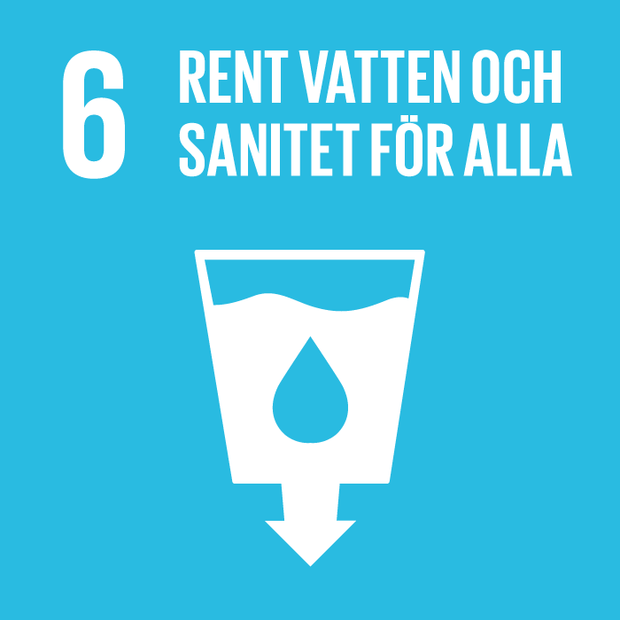 6. Rent vatten och sanitet. Ljusblå kvadrat, text och symbol i vitt."¨Ett fullt vattenglas med en blå vattendroppe på. Under glaset finns ett avloppsrör, som avslutas i en pil nedåt.