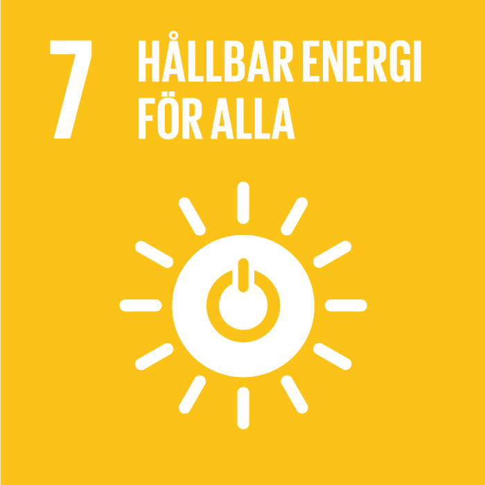 7. Hållbar energi för alla."¨Gul kvadrat, text och symbol i vitt. "¨En sol med en powersymbol i mitten."¨Solen har tolv strålar.
