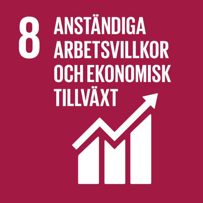 8. Anständiga arbetsvillkor och ekonomisk tillväxt. Vinröd kvadrat, text och symbol i vitt. "¨Tre stående staplar med en stigande kurva överst.