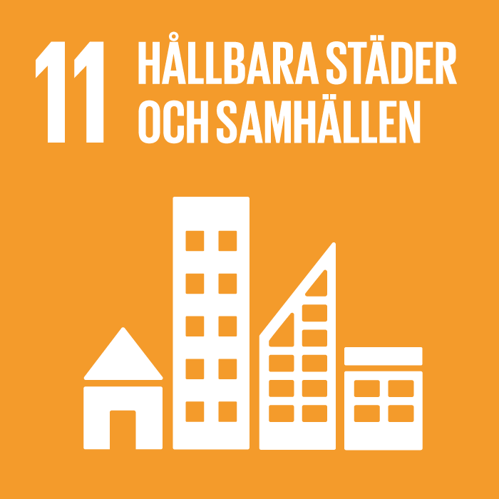 11. Hållbara städer och samhällen. Guldgul kvadrat, text och symbol i vitt. En rad av fyra olika hustyper.