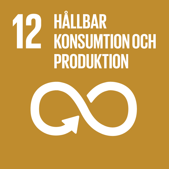 12. Hållbar konsumtion och produktion. Mörk senapsgul kvadrat, text och symbol i vitt. En liggande åtta med en pil i slutet av linjen. En variant av oändlighetssymbolen.