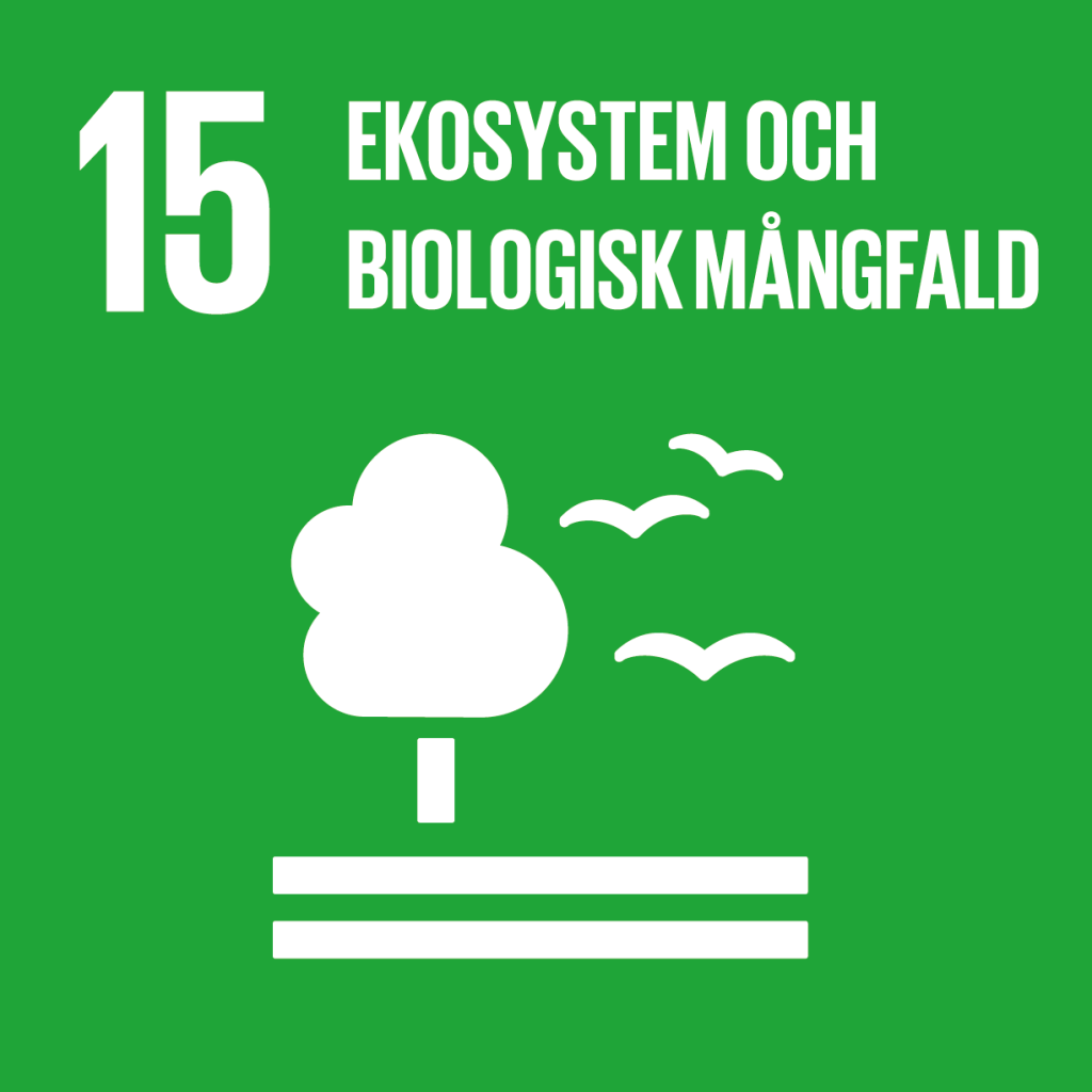 15. Ekosystem och biologisk mångfald. Limegrön kvadrat, text och symbol i vitt. Ett träd som står på två vågräta streck. Bredvid trädet finns tre flygande fåglar.