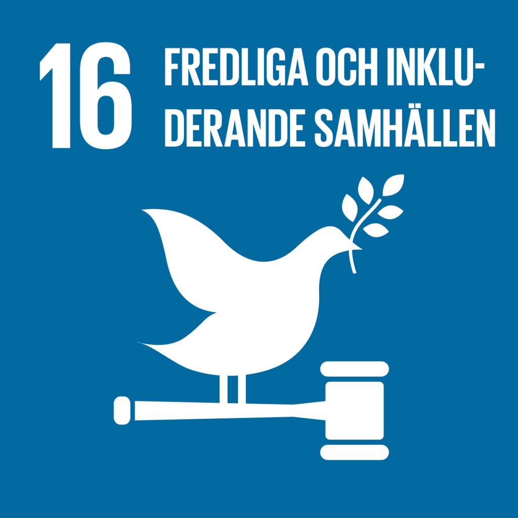 16. Fredliga och inkluderande samhällen. Kungsblå kvadrat, text och symbol i vitt. En fredsduva med kvist i näbben, sitter på skaftet av en domarklubba.