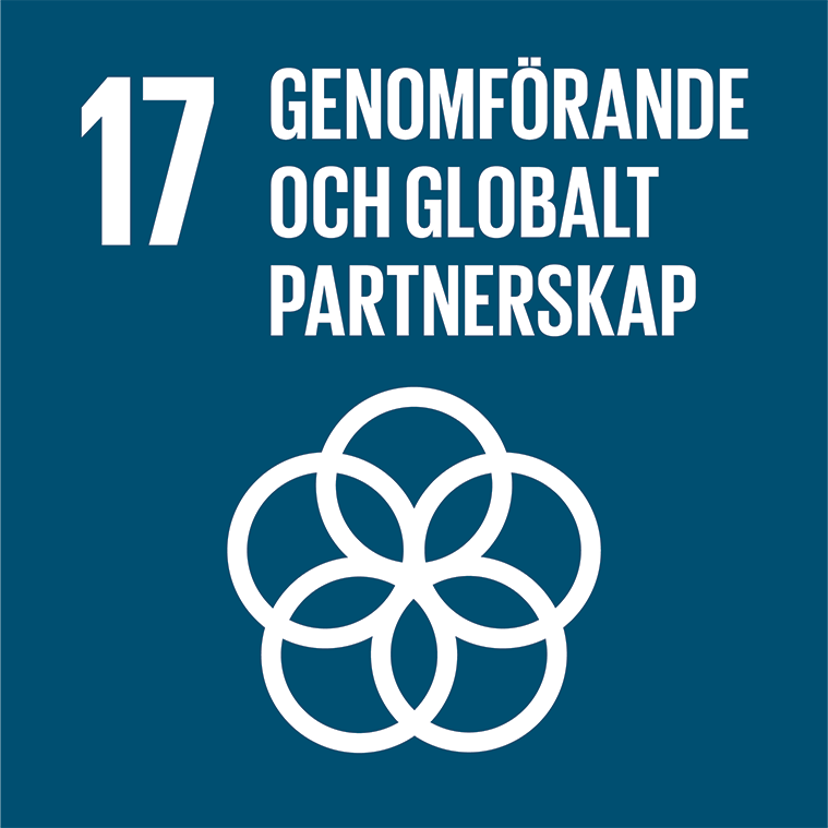 17. Genomförande och globalt partnerskap. Marinblå kvadrat, text och symbol i vitt. Fem ringar överlappar varandra i en cirkel.