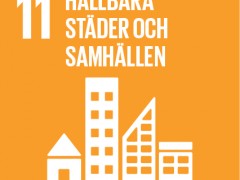 11. Hållbara städer och samhällen. Guldgul kvadrat, text och symbol i vitt. En rad av fyra olika hustyper.