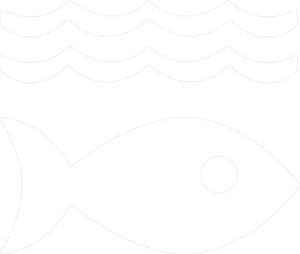 14. Hav och marina resurser. En fisk under två våglinjer.
